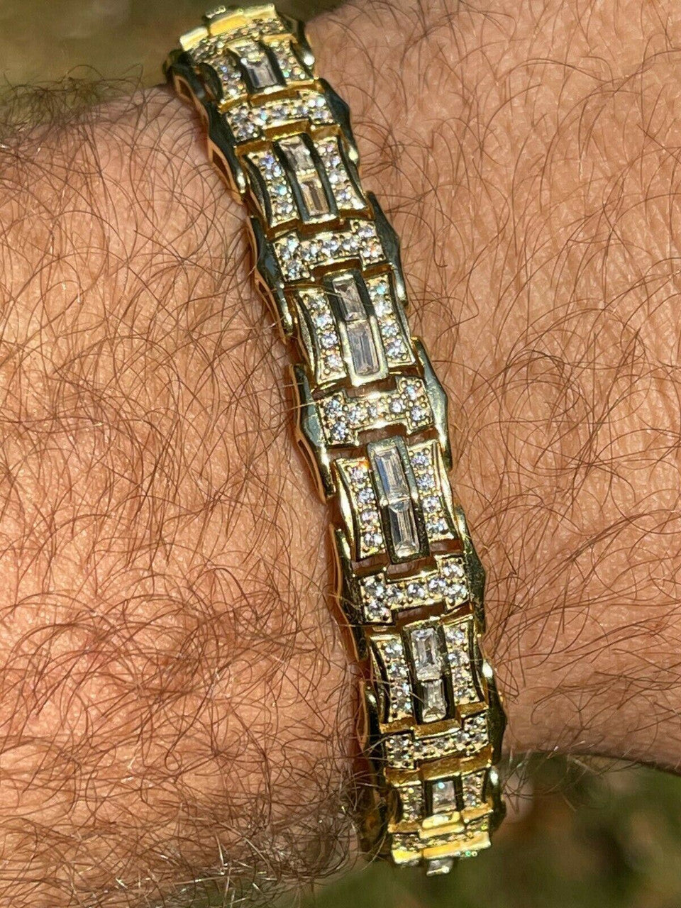 HarlemBling Mens Real 14k Gold Vermeil 925 Silver Iced Baguette Hip Hop Diamond Bracelet