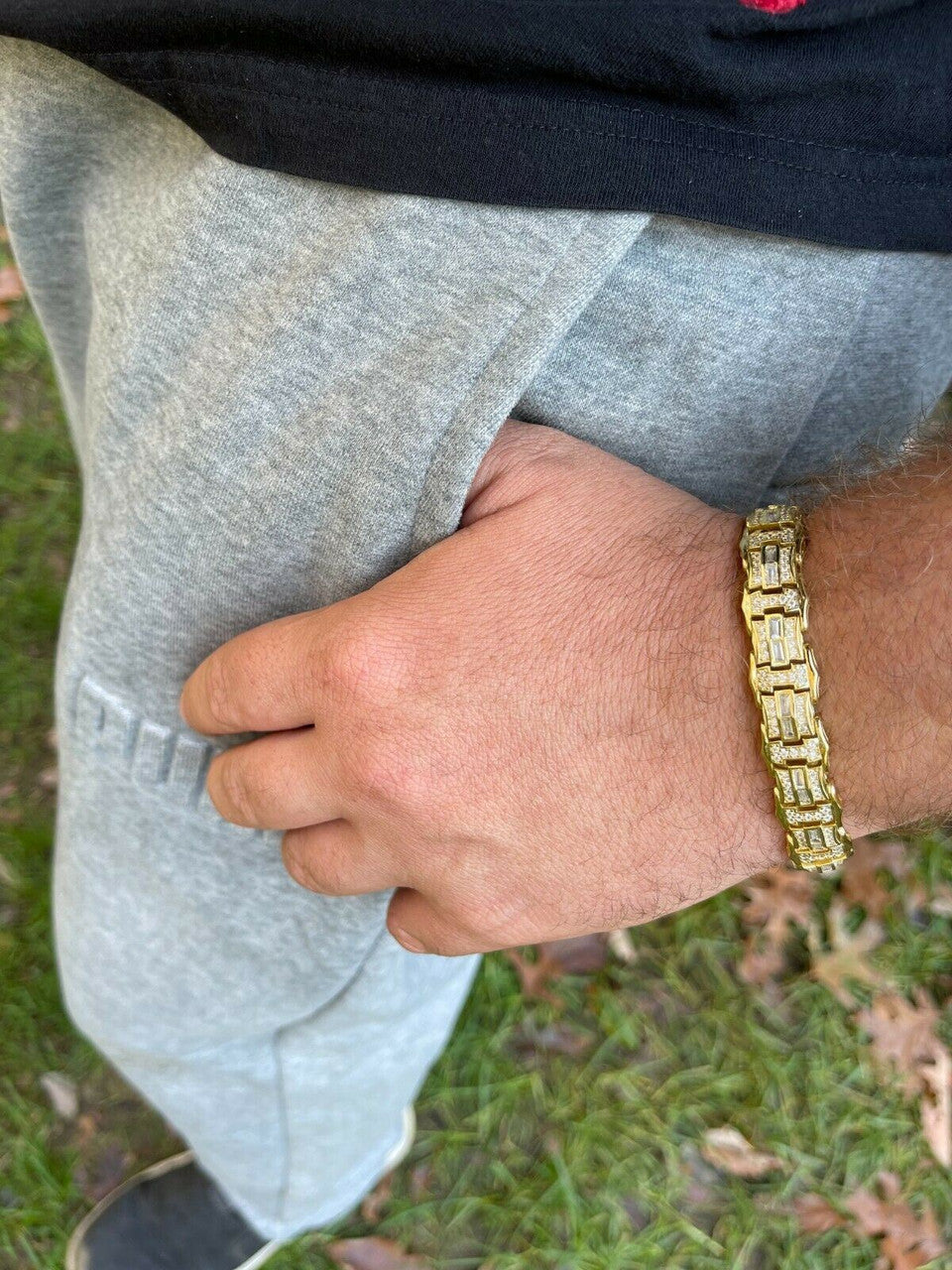 HarlemBling Mens Real 14k Gold Vermeil 925 Silver Iced Baguette Hip Hop Diamond Bracelet