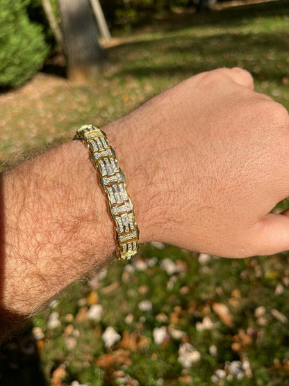 HarlemBling Mens Real 14k Gold Vermeil 925 Silver Iced Baguette Hip Hop Diamond Bracelet