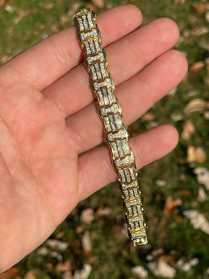 HarlemBling Mens Real 14k Gold Vermeil 925 Silver Iced Baguette Hip Hop Diamond Bracelet