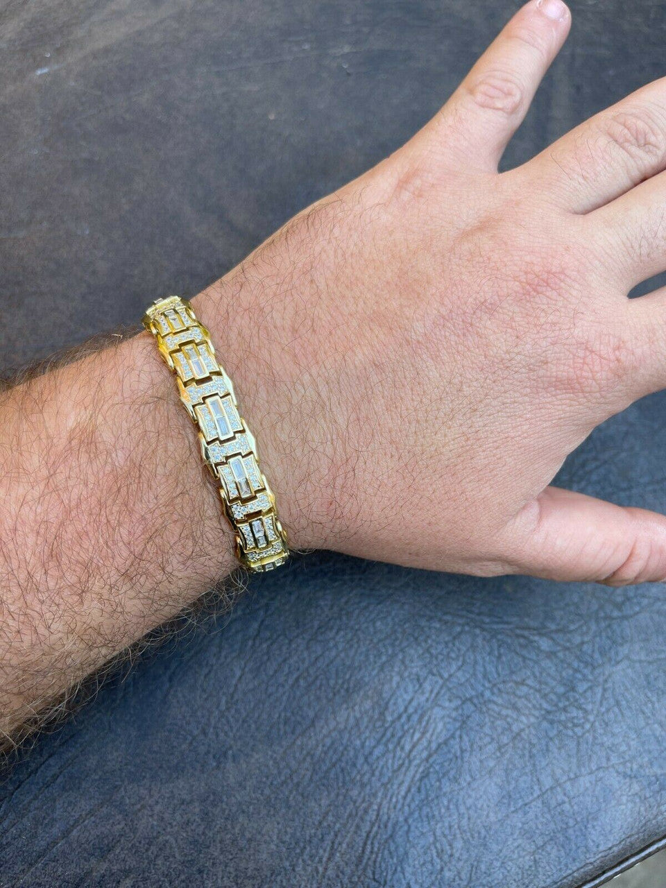 HarlemBling Mens Real 14k Gold Vermeil 925 Silver Iced Baguette Hip Hop Diamond Bracelet