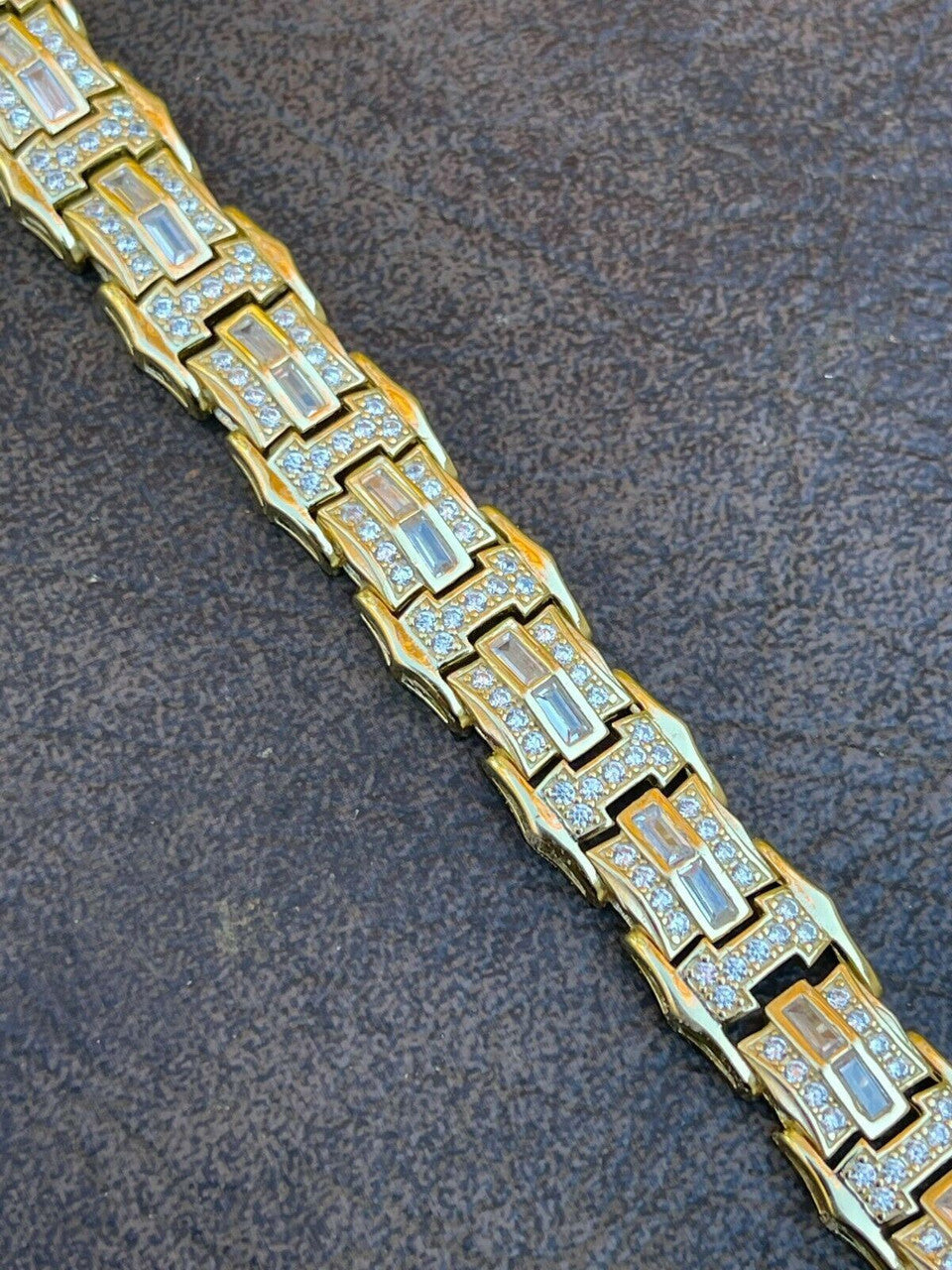 HarlemBling Mens Real 14k Gold Vermeil 925 Silver Iced Baguette Hip Hop Diamond Bracelet
