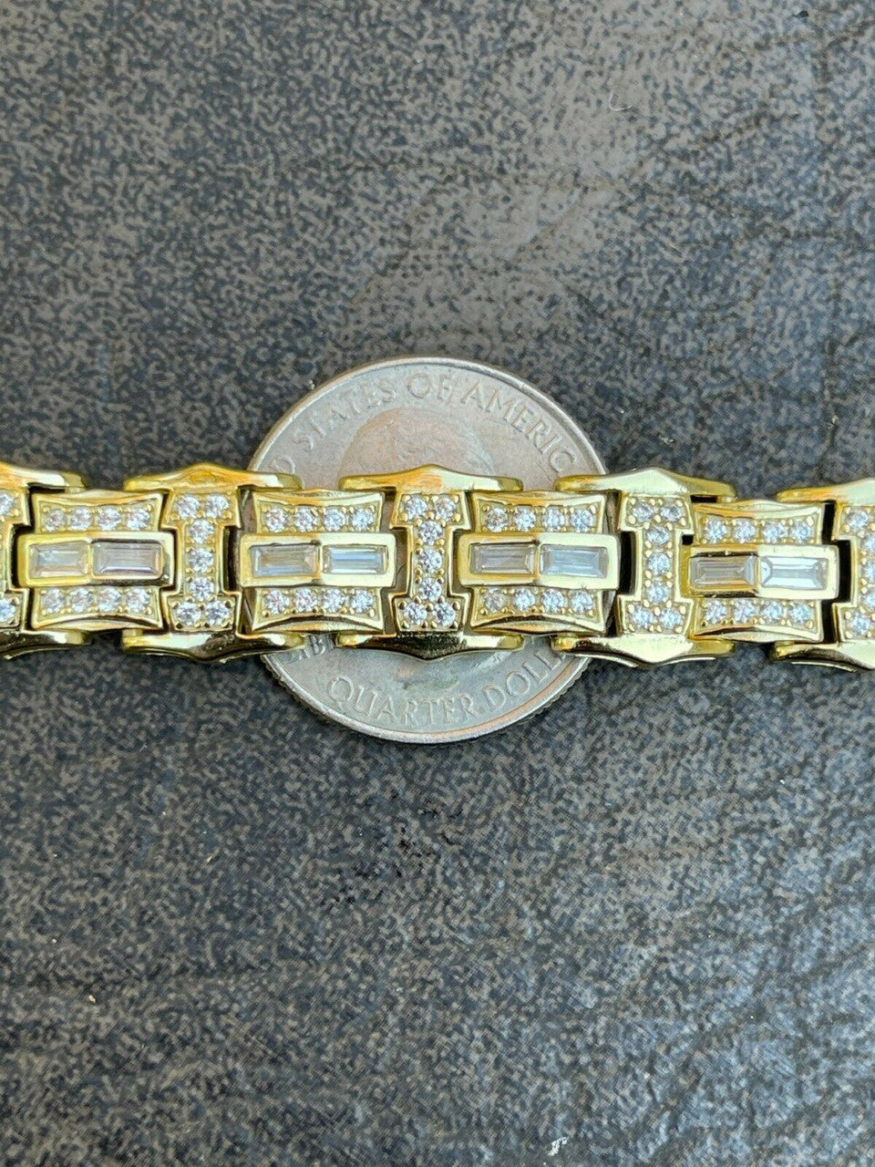 HarlemBling Mens Real 14k Gold Vermeil 925 Silver Iced Baguette Hip Hop Diamond Bracelet