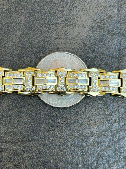 HarlemBling Mens Real 14k Gold Vermeil 925 Silver Iced Baguette Hip Hop Diamond Bracelet