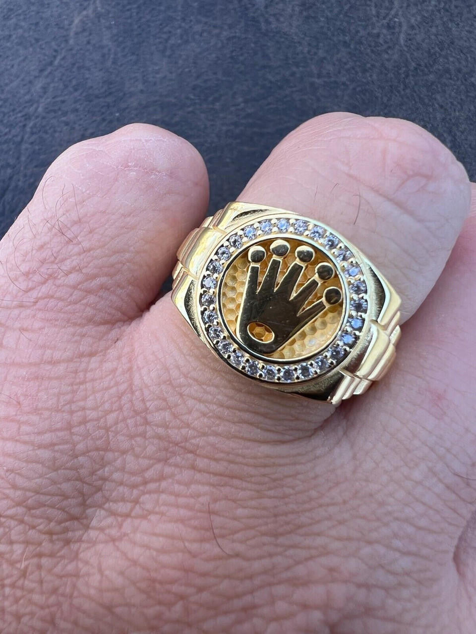 HarlemBling Mens Real 14k Gold Vermeil Over 925 Silver Iced Out Rolex Crown Watch Ring