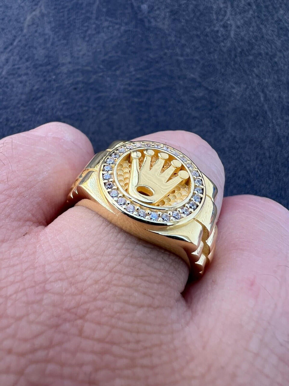 HarlemBling Mens Real 14k Gold Vermeil Over 925 Silver Iced Out Rolex Crown Watch Ring