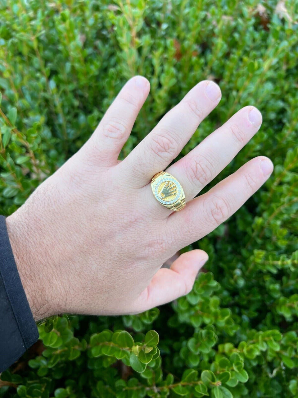 HarlemBling Mens Real 14k Gold Vermeil Over 925 Silver Iced Out Rolex Crown Watch Ring