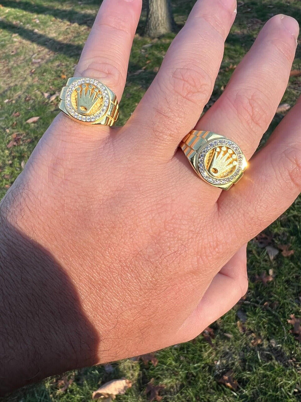 HarlemBling Mens Real 14k Gold Vermeil Over 925 Silver Iced Out Rolex Crown Watch Ring