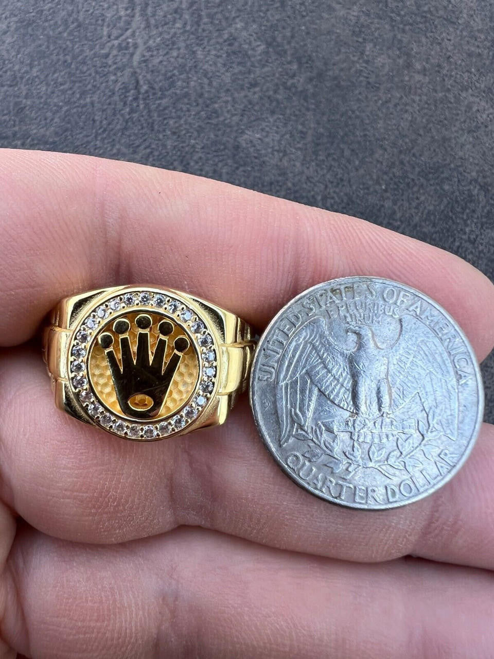 HarlemBling Mens Real 14k Gold Vermeil Over 925 Silver Iced Out Rolex Crown Watch Ring