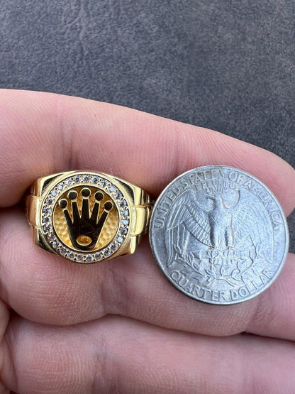 HarlemBling Mens Real 14k Gold Vermeil Over 925 Silver Iced Out Rolex Crown Watch Ring