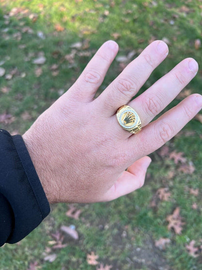 HarlemBling Mens Real 14k Gold Vermeil Over 925 Silver Iced Out Rolex Crown Watch Ring