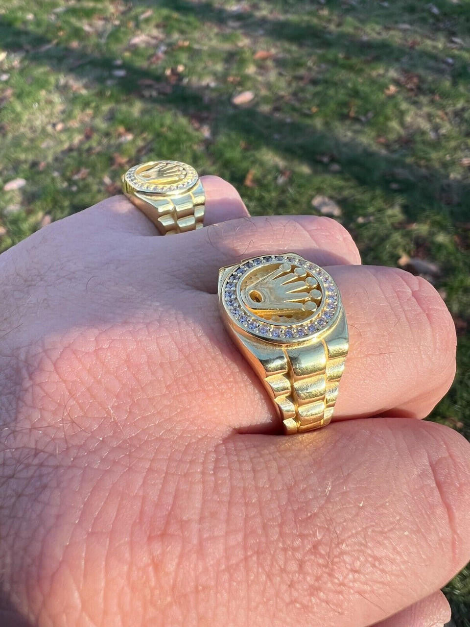 HarlemBling Mens Real 14k Gold Vermeil Over 925 Silver Iced Out Rolex Crown Watch Ring