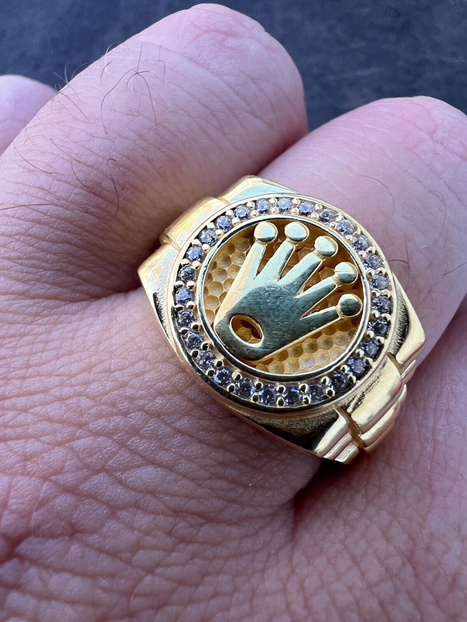 HarlemBling Mens Real 14k Gold Vermeil Over 925 Silver Iced Out Rolex Crown Watch Ring