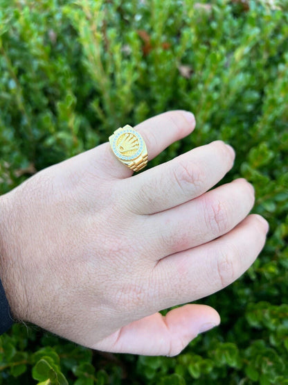 HarlemBling Mens Real 14k Gold Vermeil Over 925 Silver Iced Out Rolex Crown Watch Ring
