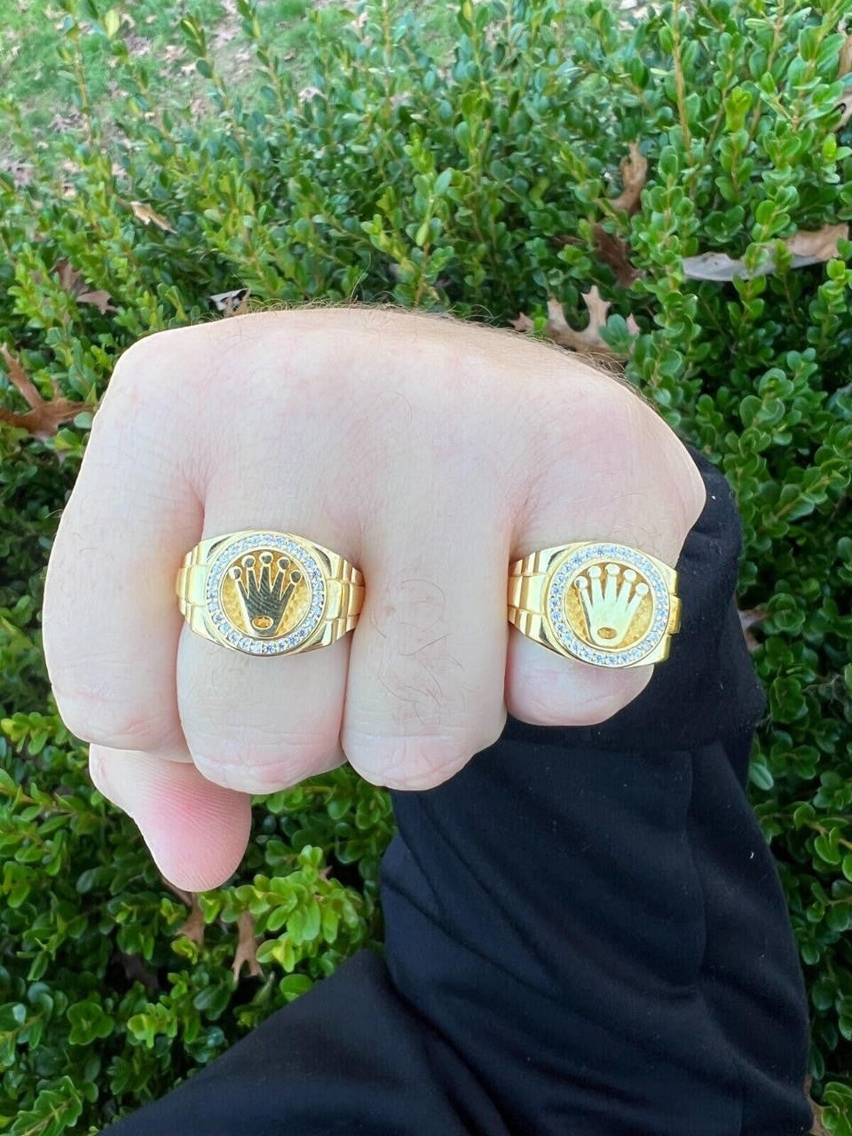 HarlemBling Mens Real 14k Gold Vermeil Over 925 Silver Iced Out Rolex Crown Watch Ring