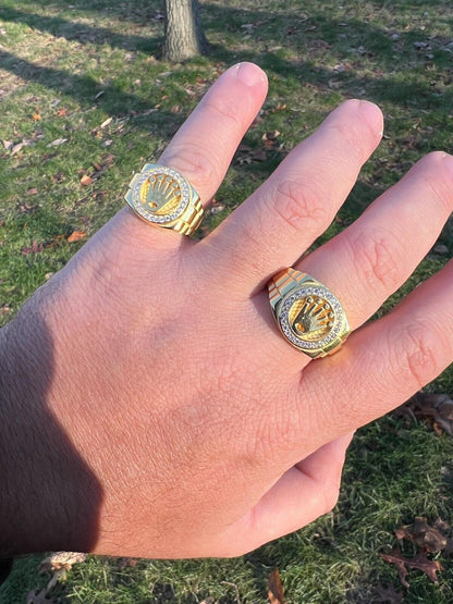HarlemBling Mens Real 14k Gold Vermeil Over 925 Silver Iced Out Rolex Crown Watch Ring