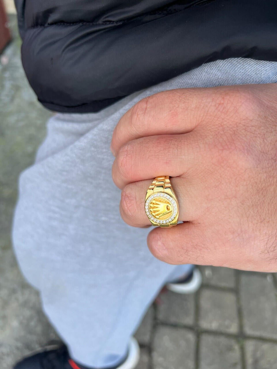 HarlemBling Mens Real 14k Gold Vermeil Over 925 Silver Iced Out Rolex Crown Watch Ring