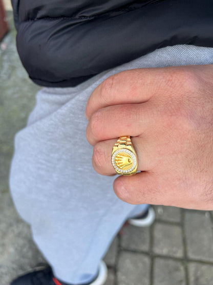 HarlemBling Mens Real 14k Gold Vermeil Over 925 Silver Iced Out Rolex Crown Watch Ring