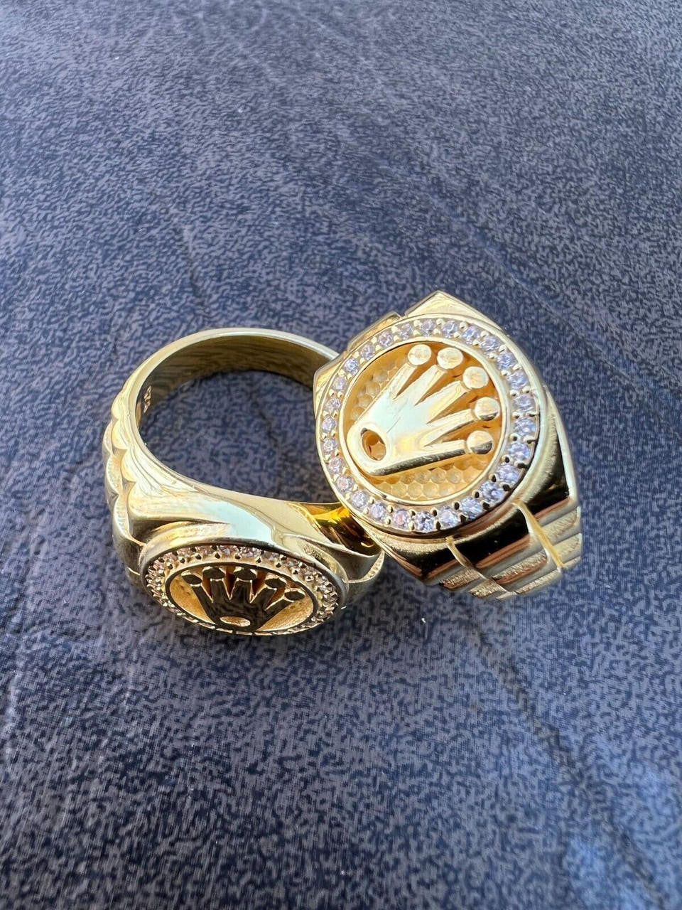 HarlemBling Mens Real 14k Gold Vermeil Over 925 Silver Iced Out Rolex Crown Watch Ring