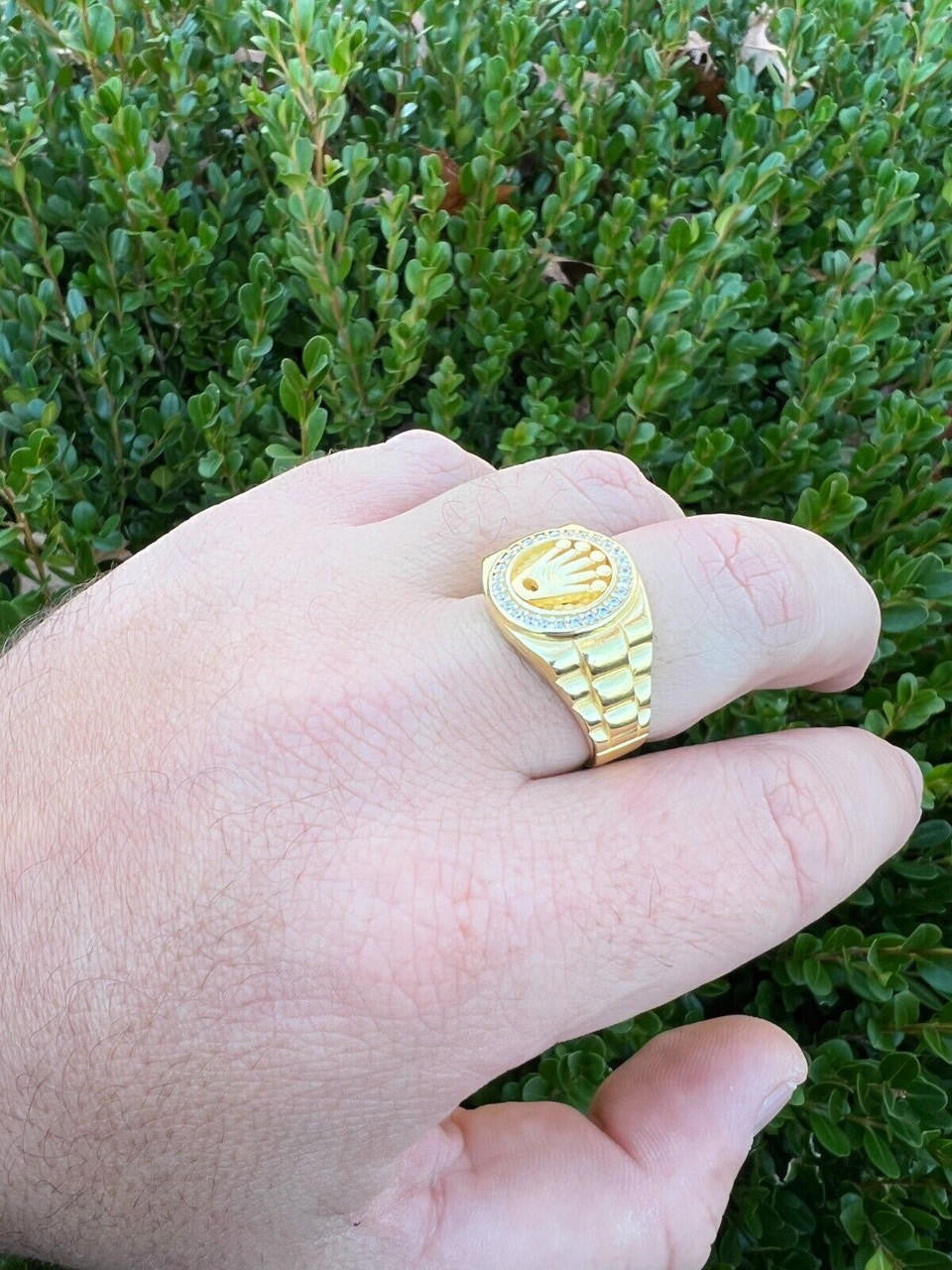 HarlemBling Mens Real 14k Gold Vermeil Over 925 Silver Iced Out Rolex Crown Watch Ring