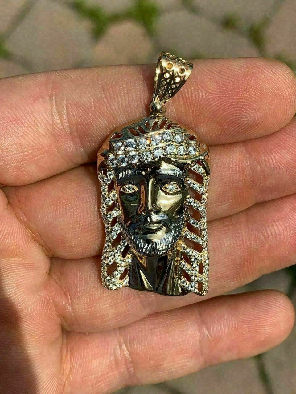 HarlemBling Mens Real 14k Yellow Gold Over 925 Sterling Silver Jesus Piece Necklace 1x1.5