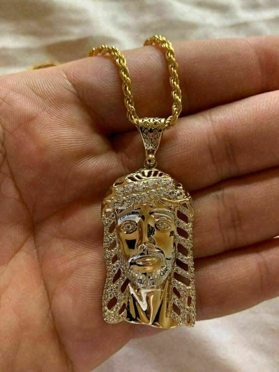HarlemBling Mens Real 14k Yellow Gold Over 925 Sterling Silver Jesus Piece Necklace 1x1.5