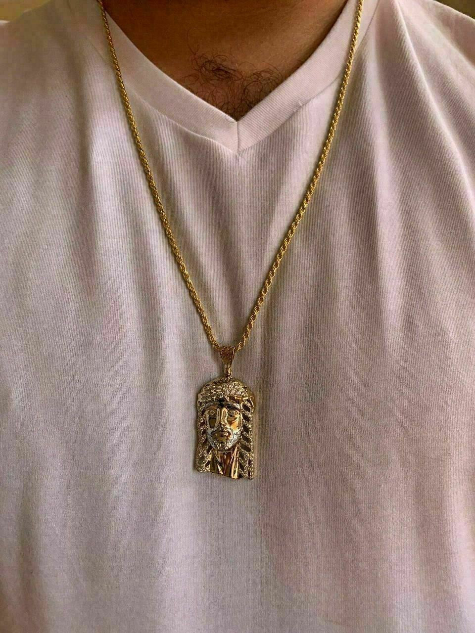 HarlemBling Mens Real 14k Yellow Gold Over 925 Sterling Silver Jesus Piece Necklace 1x1.5