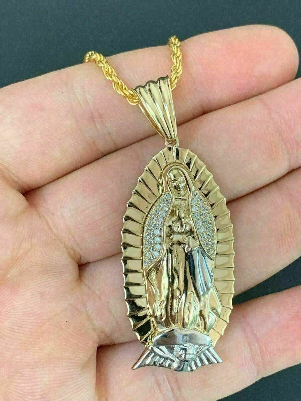 HarlemBling Mens Real 14k Yellow Gold Over 925 Sterling Silver Virgin Mary Guadalupe Chain