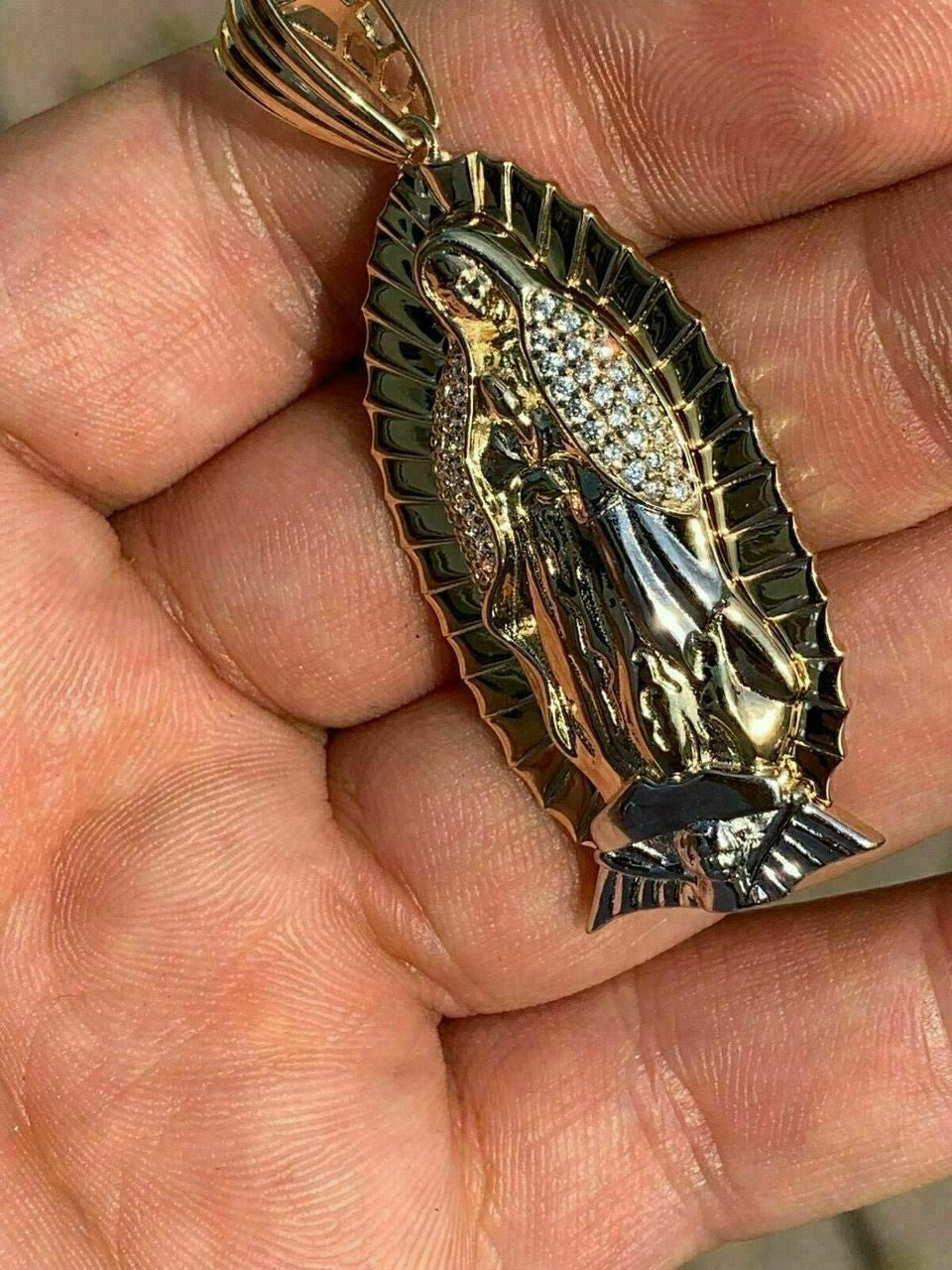 HarlemBling Mens Real 14k Yellow Gold Over 925 Sterling Silver Virgin Mary Guadalupe Chain