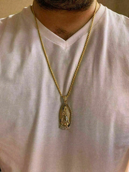 HarlemBling Mens Real 14k Yellow Gold Over 925 Sterling Silver Virgin Mary Guadalupe Chain