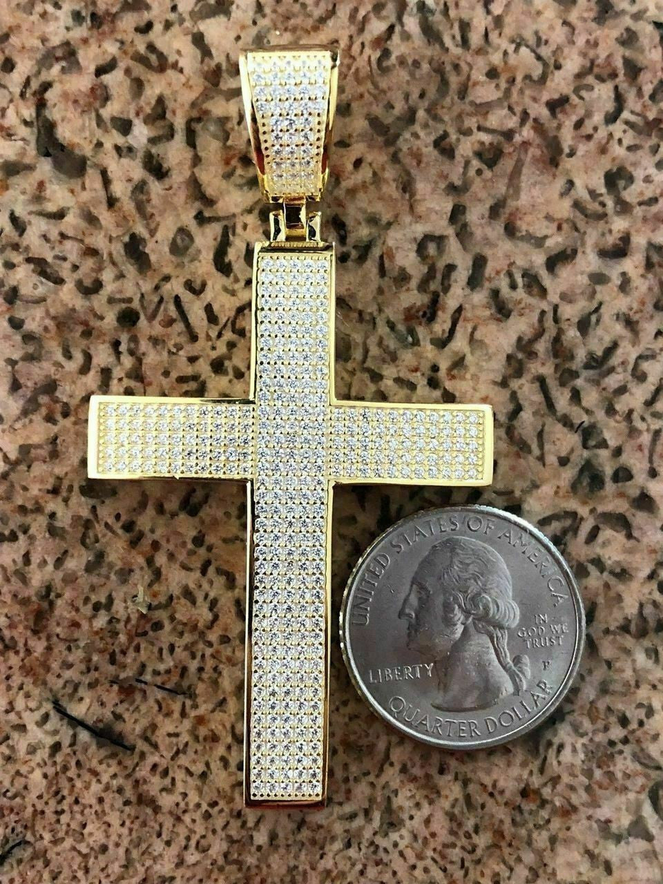 HarlemBling Mens REAL 14k Yellow Gold Over Solid 925 Silver Large Cross 3ct Diamond 2x1.5