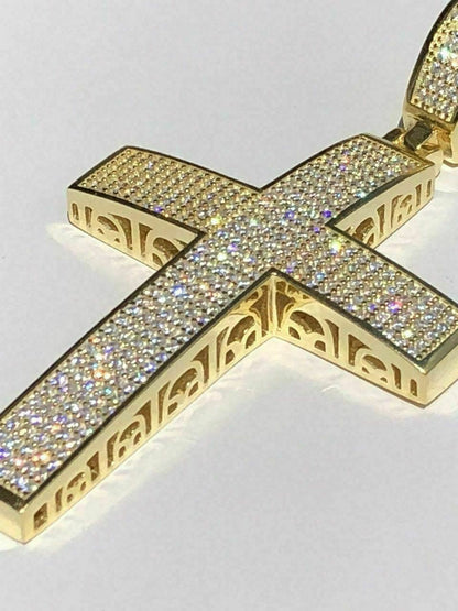HarlemBling Mens REAL 14k Yellow Gold Over Solid 925 Silver Large Cross 3ct Diamond 2x1.5