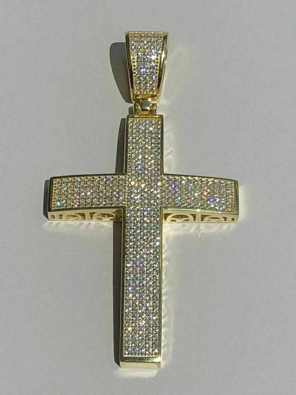 HarlemBling Mens REAL 14k Yellow Gold Over Solid 925 Silver Large Cross 3ct Diamond 2x1.5