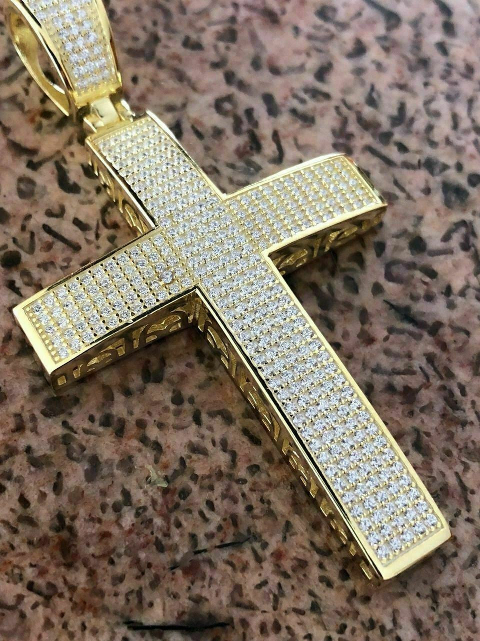 HarlemBling Mens REAL 14k Yellow Gold Over Solid 925 Silver Large Cross 3ct Diamond 2x1.5