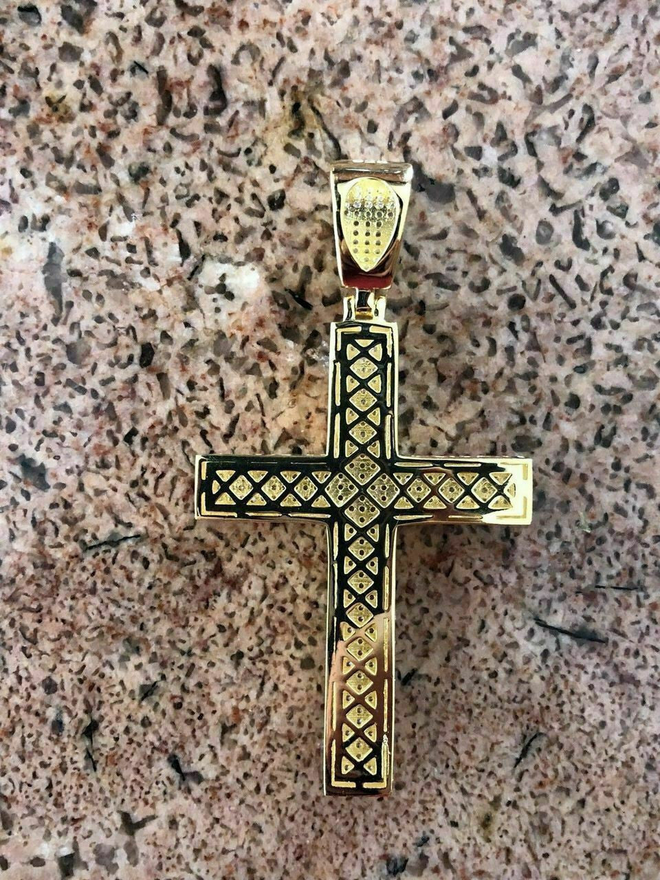 HarlemBling Mens REAL 14k Yellow Gold Over Solid 925 Silver Large Cross 3ct Diamond 2x1.5