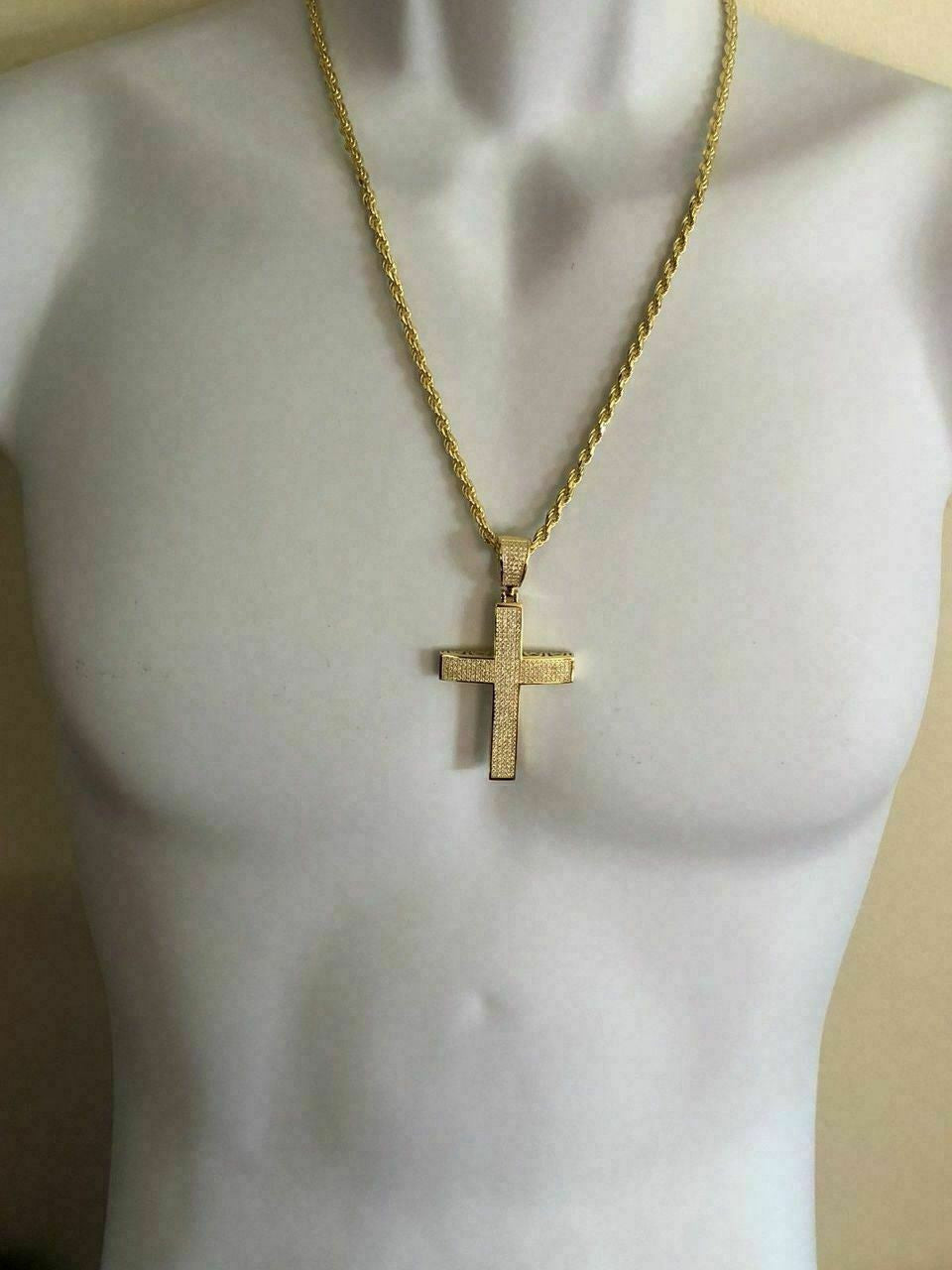 HarlemBling Mens REAL 14k Yellow Gold Over Solid 925 Silver Large Cross 3ct Diamond 2x1.5