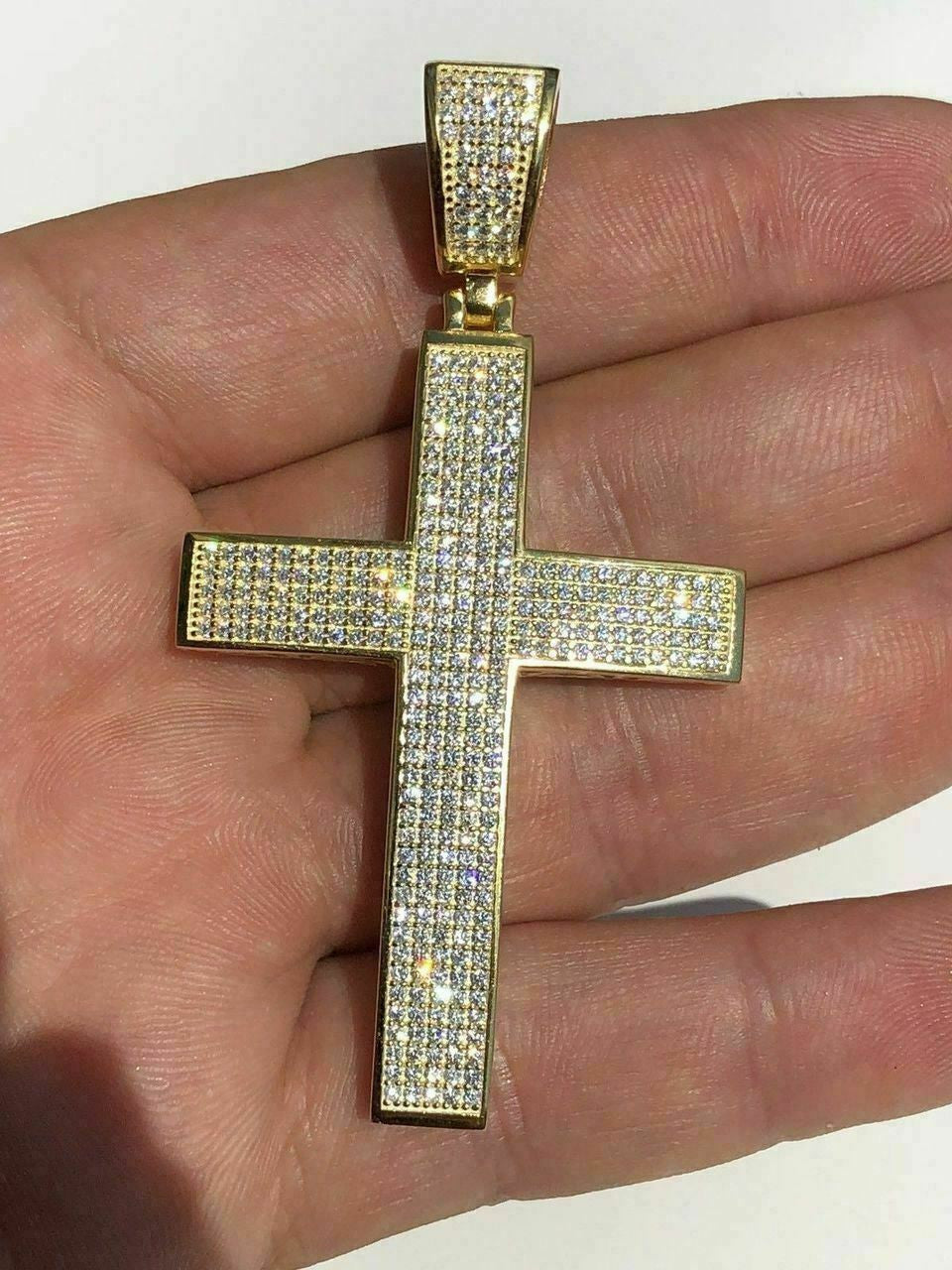 HarlemBling Mens REAL 14k Yellow Gold Over Solid 925 Silver Large Cross 3ct Diamond 2x1.5