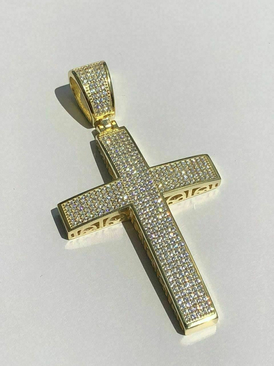 HarlemBling Mens REAL 14k Yellow Gold Over Solid 925 Silver Large Cross 3ct Diamond 2x1.5