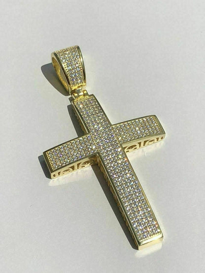 HarlemBling Mens REAL 14k Yellow Gold Over Solid 925 Silver Large Cross 3ct Diamond 2x1.5