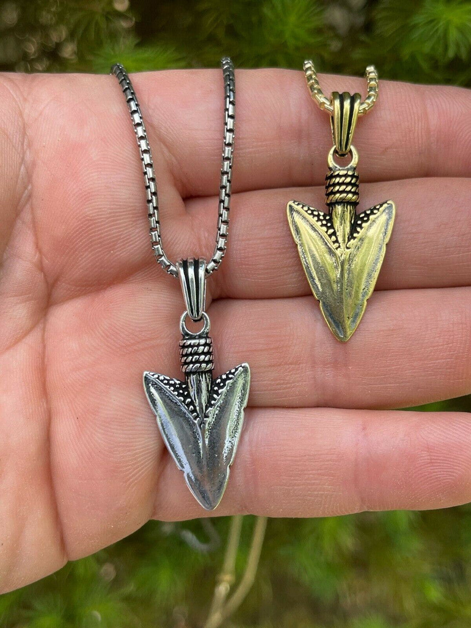 HarlemBling Mens Real 925 Silver / 14k Gold Finish Shark Tooth Spear Head Pendant Necklace
