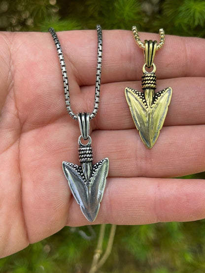 HarlemBling Mens Real 925 Silver / 14k Gold Finish Shark Tooth Spear Head Pendant Necklace