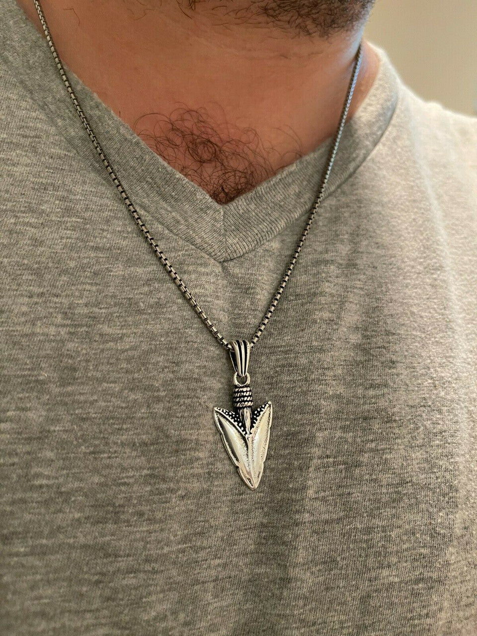 HarlemBling Mens Real 925 Silver / 14k Gold Finish Shark Tooth Spear Head Pendant Necklace