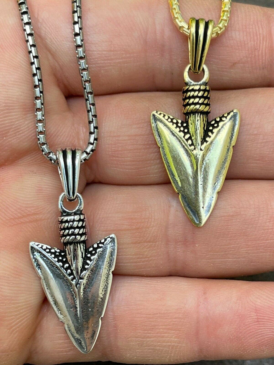 HarlemBling Mens Real 925 Silver / 14k Gold Finish Shark Tooth Spear Head Pendant Necklace