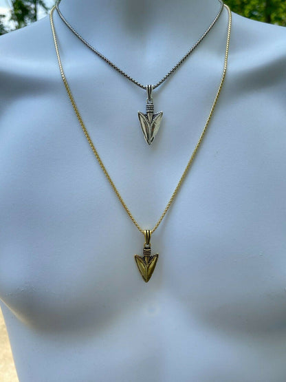 HarlemBling Mens Real 925 Silver / 14k Gold Finish Shark Tooth Spear Head Pendant Necklace