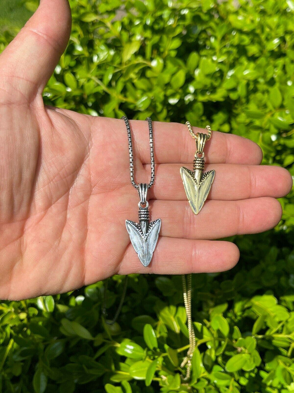 HarlemBling Mens Real 925 Silver / 14k Gold Finish Shark Tooth Spear Head Pendant Necklace