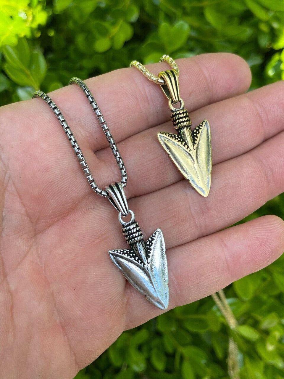 HarlemBling Mens Real 925 Silver / 14k Gold Finish Shark Tooth Spear Head Pendant Necklace
