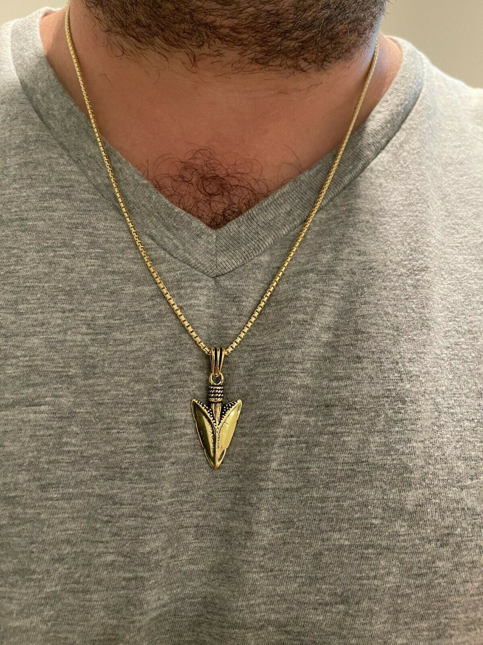 HarlemBling Mens Real 925 Silver / 14k Gold Finish Shark Tooth Spear Head Pendant Necklace