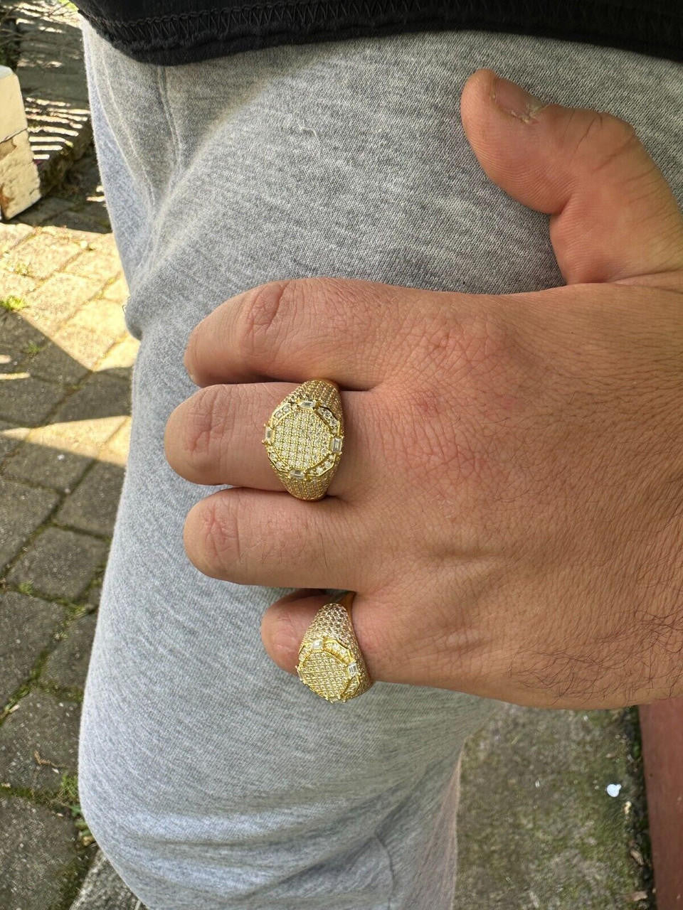 HarlemBling Men's Real 925 Silver 14k Gold Plated MOISSANITE Baguette Pinky RING Hip Hop Ice