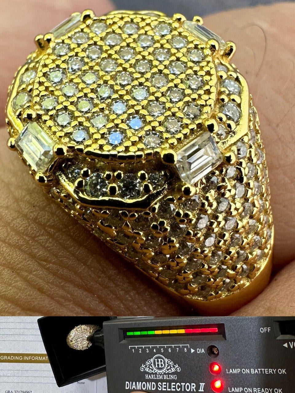 HarlemBling Men's Real 925 Silver 14k Gold Plated MOISSANITE Baguette Pinky RING Hip Hop Ice