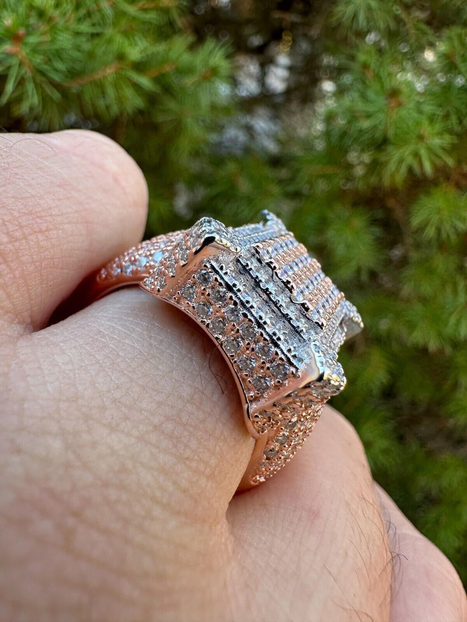 HarlemBling Men's Real 925 Silver 14k Rose Gold Plated MOISSANITE Large 3D Iced Hip Hop Ring